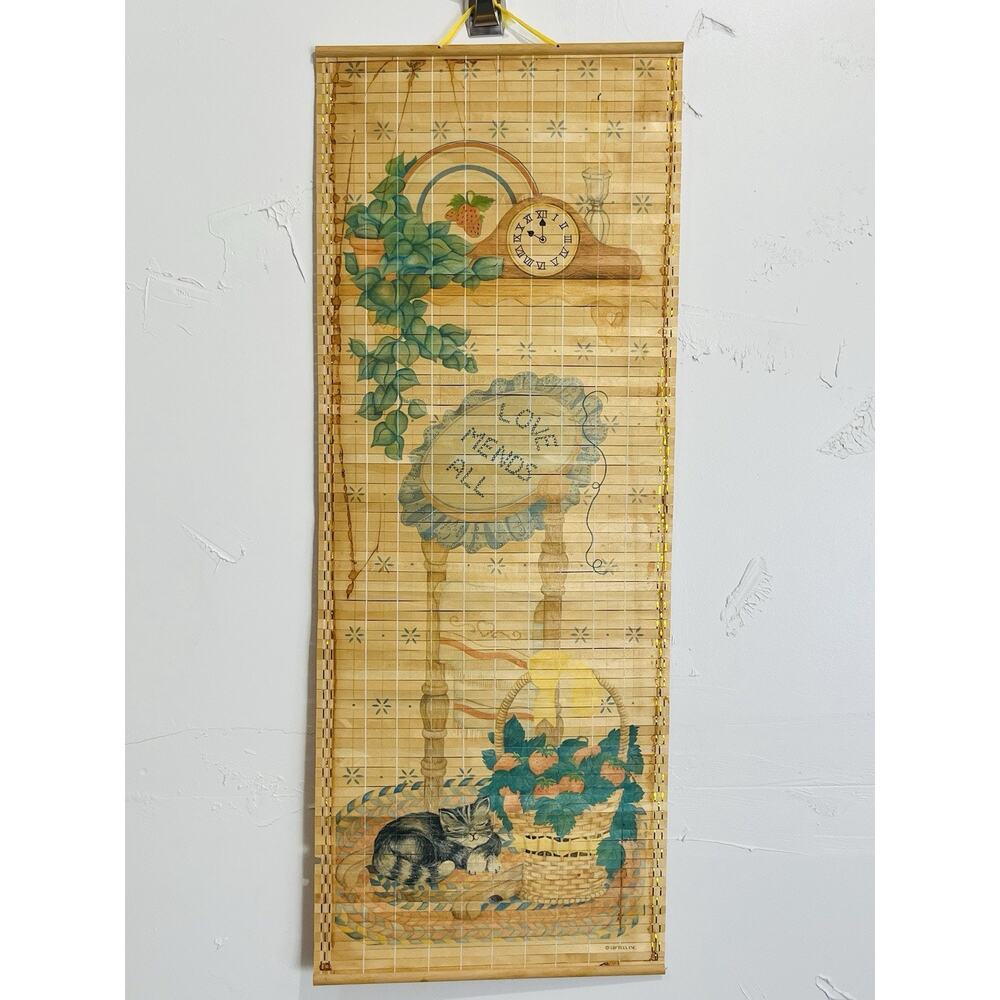 Giftco Bamboo Scroll Calendar 1987 Double Sided Wall Hanging Kitty Cat 32" x 12"